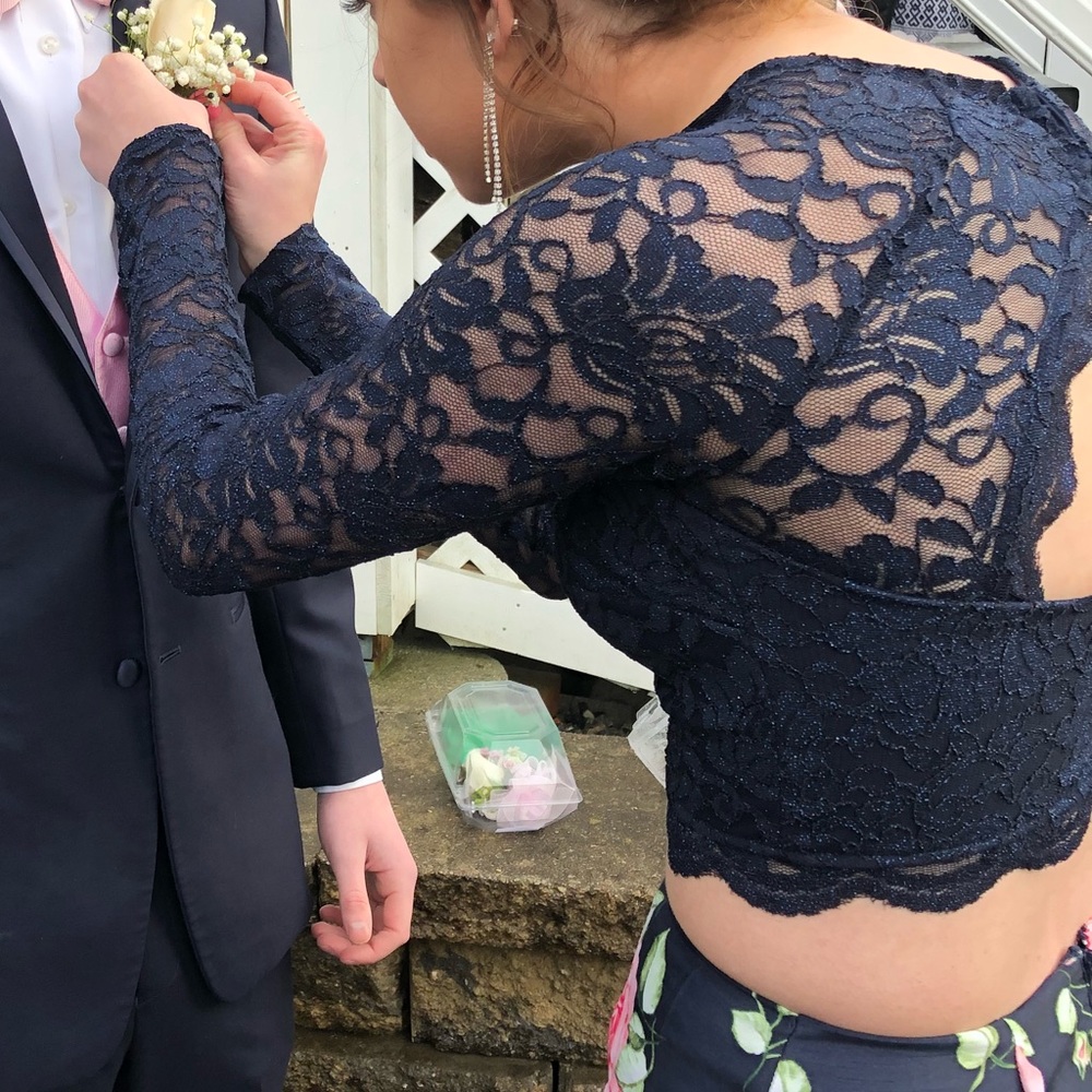 Navy Blue Flower Bottom Two Piece Prom Dress